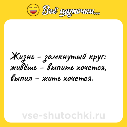 Шутка: Жизнь – замкнутый круг: живёшь – выпить хочется, выпил – жить хочется.