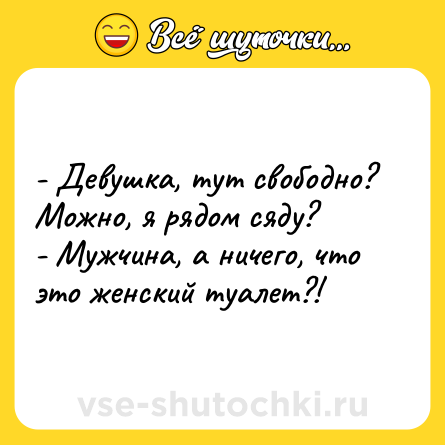 Шутка: - Девушка, тут свободно? Можно, я рядом сяду?<br>- Мужчина, а ничего, что это женский туалет?!