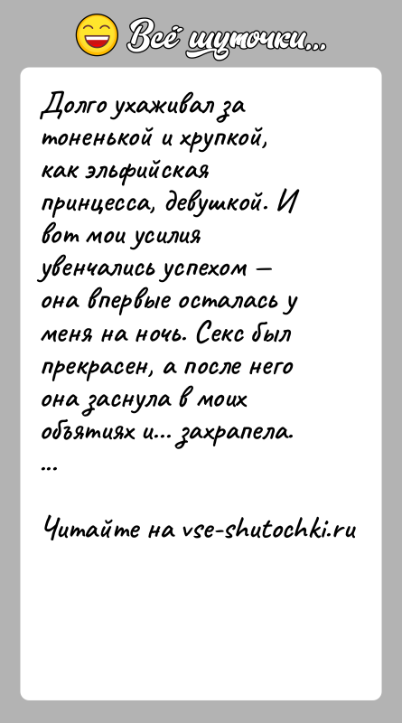 История: Долго ухаживал за тоненькой и хрупкой, как эльфийская принцесса, девушкой. И вот мои усилия увенчались успехом она впервые осталась