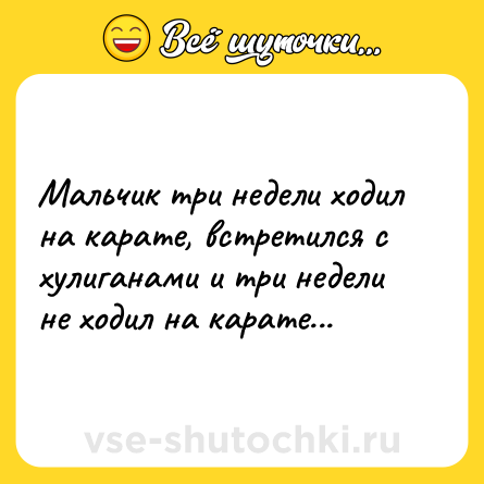 Шутка: Мальчик три недели ходил на карате, встретился с хулиганами и три недели не ходил на карате...