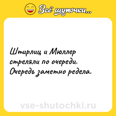 Шутка: Штирлиц и Мюллер стреляли по очереди.<br>Очередь заметно редела.