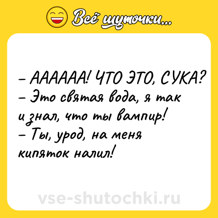 Шутка: – АААААА! ЧТО ЭТО, СУКА? <br>– Это святая вода, я так и знал, что ты вампир! <br>– Ты, урод, на меня кипяток налил!