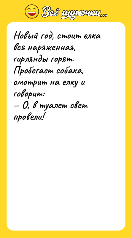 Новый год, стоит елка вся наряженная, гирлянды горят. Пробегает собака,