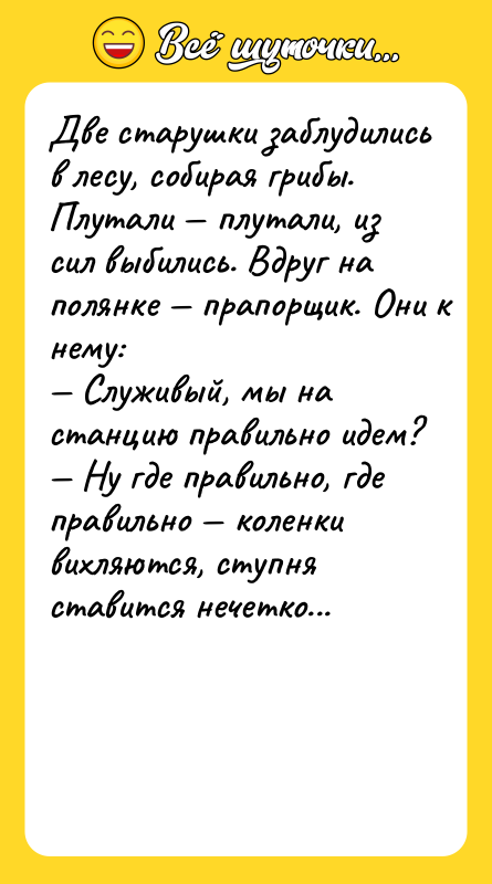 Двe cтapушки зaблудилиcь в лecу, coбиpaя гpибы. Плутaли — плутaли,