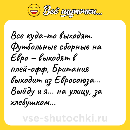 Шутка: Все куда-то выходят. Футбольные сборные на Евро – выходят в плей-офф, Британия выходит из Евросоюза… Выйду и я… на улицу, за хлебушком…