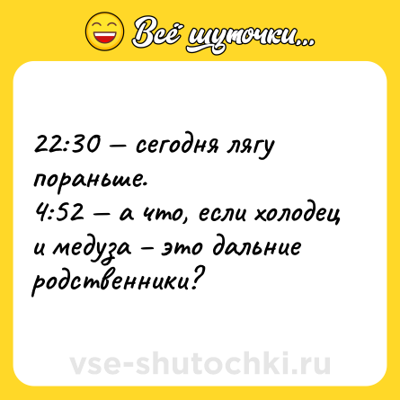 Шутка: 22:30 — сегодня лягу пораньше. <br>4:52 — а что, если холодец и медуза – это дальние родственники?