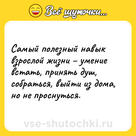 Шутка: Самый полезный навык взрослой жизни – умение встать, принять душ,  собраться, выйти из дома, но не проснуться.