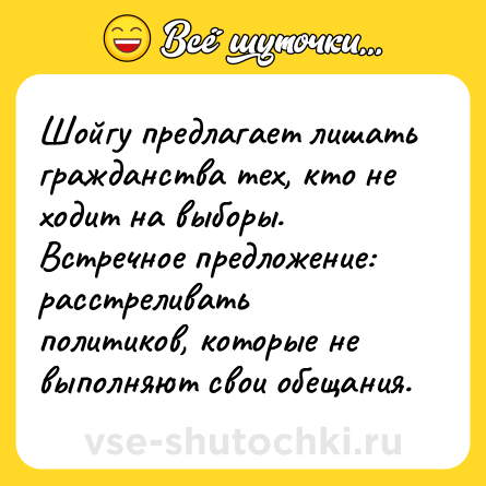 Шутка: Шойгу предлагает лишать гражданства тех, кто не ходит на выборы. Встречное предложение: расстреливать политиков, которые не выполняют свои обещания.