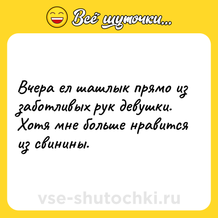 Шутка: Вчера ел шашлык прямо из заботливых рук девушки. Хотя мне больше нравится из свинины.