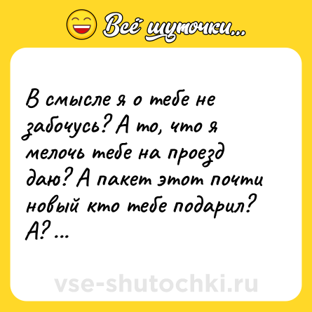 Шутка: В смысле я о тебе не забочусь? А то, что я мелочь тебе на проезд даю? А пакет этот почти новый кто тебе подарил? А? Что? Нечего сказать?