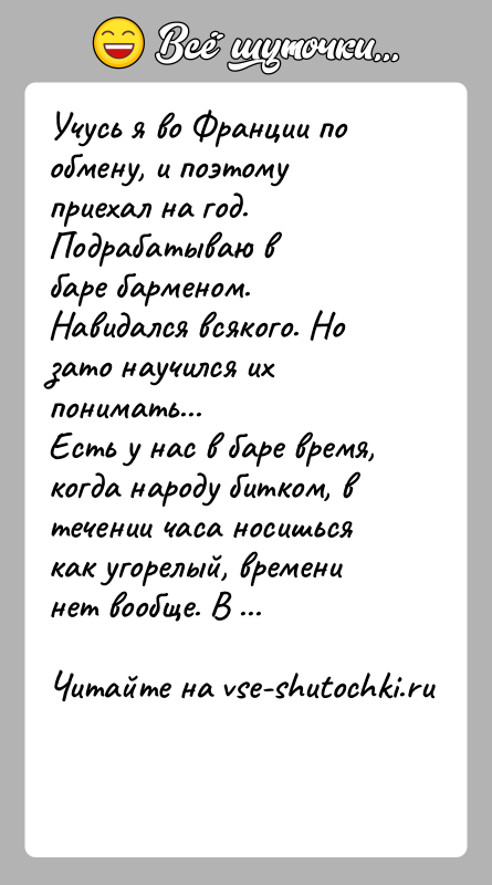 История: Учусь я во Франции по обмену, и поэтому приехал на год. Подрабатываю вбаре барменом.Навидался всякого. Но зато научился их понимать...Есть