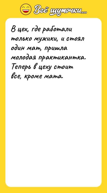 В цех, где работали только мужики, и стоял один мат,