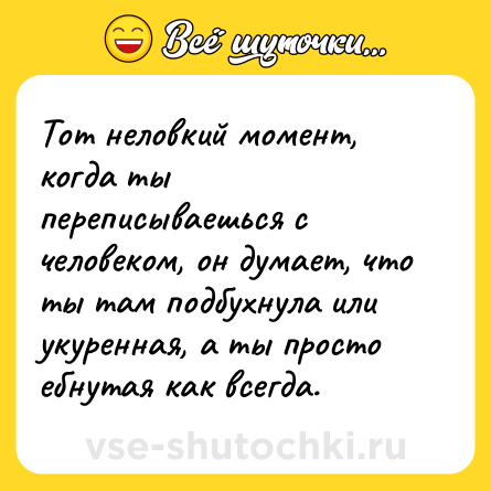 Шутка: Тот неловкий момент, когда ты переписываешься с человеком, он думает, что ты там подбухнула или укуренная, а ты просто ебнутая как всегда.