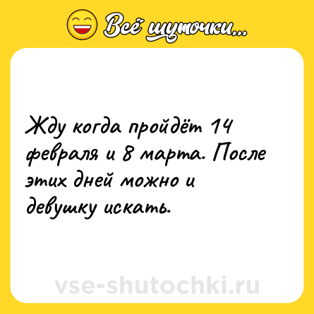 Шутка: Жду когда пройдёт 14 февраля и 8 марта. После этих дней можно и девушку искать.