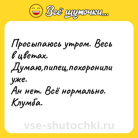 Шутка: Просыпаюсь утром. Весь в цветах. Думаю,пипец,похоронили уже.<br>Ан нет. Всё нормально. Клумба.