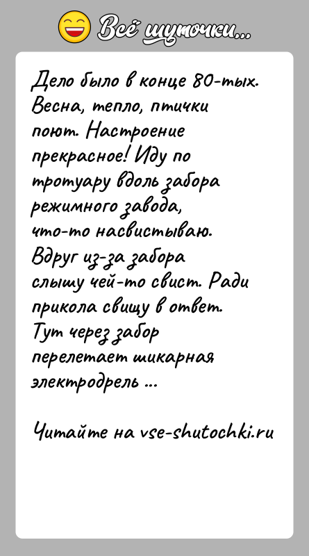 История: Дело было в конце 80-тых. Весна, тепло, птички поют. Настроение прекрасное! Иду по тротуару вдоль забора режимного завода, что-то насвистываю.