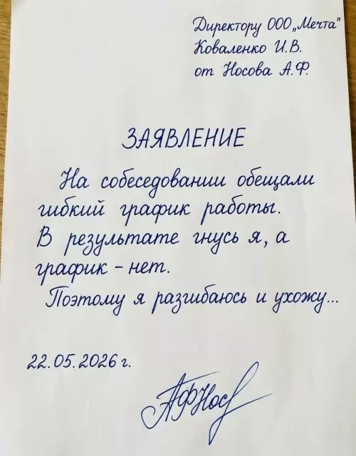 Увольняюсь по гибкому графику 😂 - Директору ООО Мечта Коваленко И.В. от Носова А.Ф. ЗАЯВЛЕНИЕ На