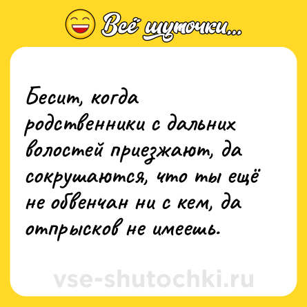 Шутка: Бесит, когда родственники с дальних волостей приезжают, да сокрушаются, что ты ещё не обвенчан ни с кем, да отпрысков не имеешь.