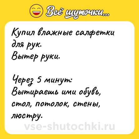 Шутка: Купил влажные салфетки для рук.<br>Вытер руки.<br><br>Через 5 минут:<br>Вытираешь ими обувь, стол, потолок, стены, люстру.