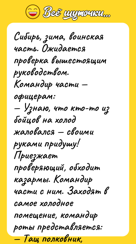 Сибирь, зима, воинская часть. Ожидается проверка вышестоящим руководством. Командир части