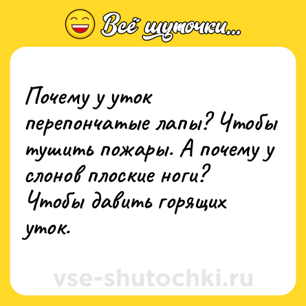 Шутка: Почему у уток перепончатые лапы? Чтобы тушить пожары. А почему у слонов плоские ноги? Чтобы давить горящих уток.