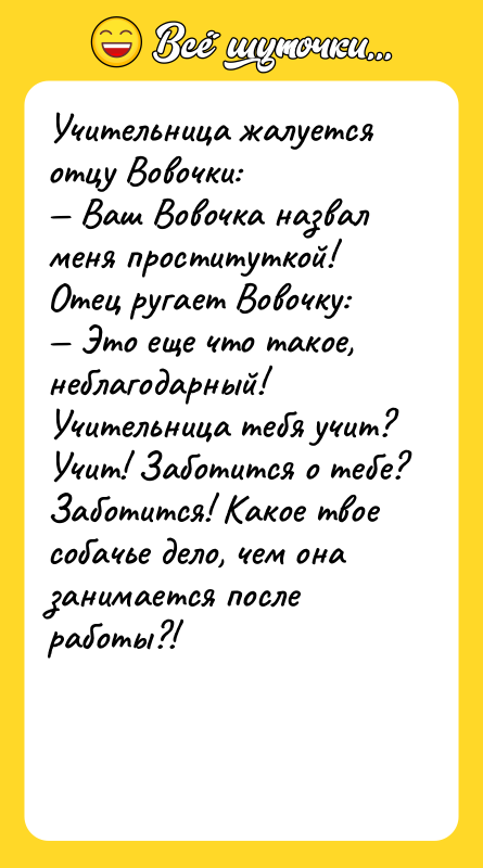 Учительница жалуется отцу Вовочки:  — Ваш Вовочка назвал меня