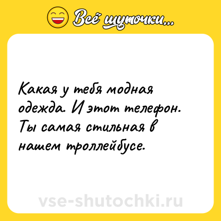 Шутка: Какая у тебя модная одежда. И этот телефон. Ты самая стильная в нашем троллейбусе.