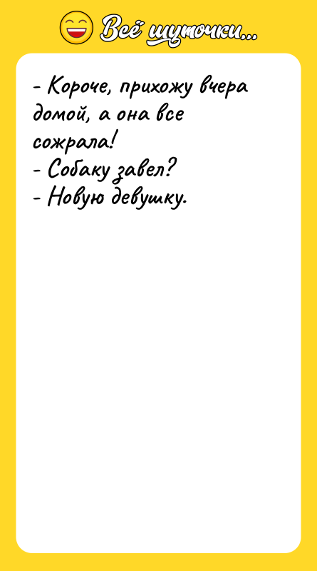 - Короче, прихожу вчера домой, а она все сожрала! -