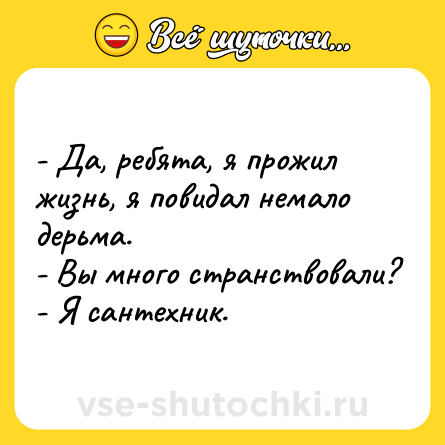Шутка: - Да, ребята, я прожил жизнь, я повидал немало дерьма. <br>- Вы много странствовали?<br>- Я сантехник.