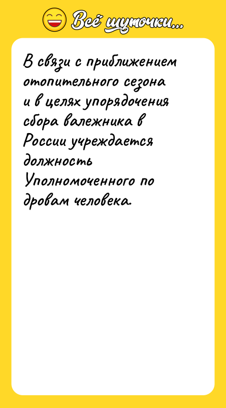 Шутка: В связи с приближением отопительного сезона и в целях упорядочения сбора валежника в России учреждается должность Уполномоченного по дровам человека.