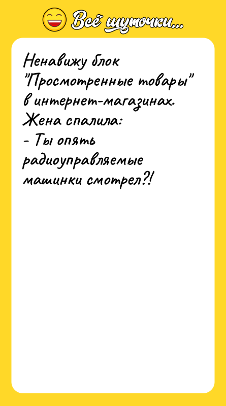 Шутка: Ненавижу блок Просмотренные товары в интернет-магазинах. Жена спалила:- Ты опять радиоуправляемые машинки смотрел?!