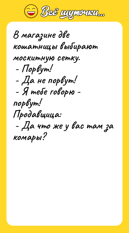 В магазине две кошатницы выбирают москитную сетку.  - Порвут!