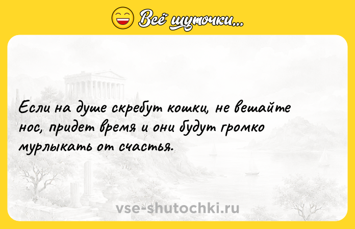 Цитата: Если на душе скребут кошки, не вешайте нос, придет время и они будут громко мурлыкать от счастья.