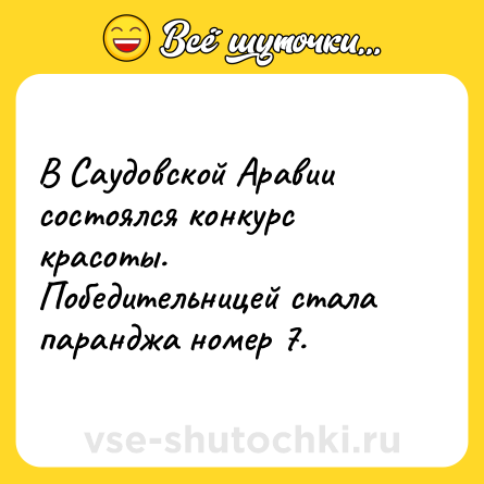 Шутка: В Саудовской Аравии состоялся конкурс красоты.<br>Победительницей стала паранджа номер 7. 