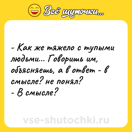 Шутка: - Как же тяжело с тупыми людьми… Говоришь им, объясняешь, а в ответ - в смысле? не понял?<br>- В смысле?