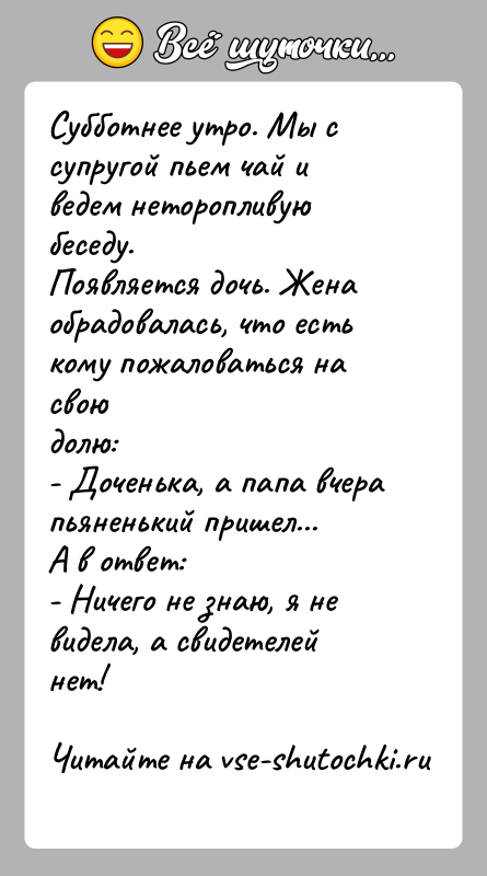 История: Субботнее утро. Мы с супругой пьем чай и ведем неторопливую беседу.Появляется дочь. Жена обрадовалась, что есть кому пожаловаться на своюдолю:-