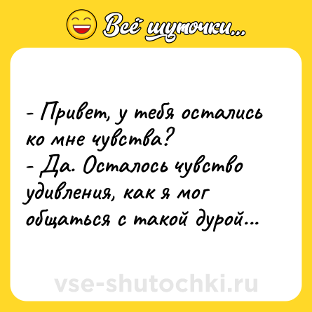 Шутка: - Привет, у тебя остались ко мне чувства?<br>- Да. Осталось чувство удивления, как я мог общаться с такой дурой...