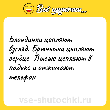 Шутка: Блондинки цепляют взгляд. Брюнетки цепляют сердце. Лысые цепляют в падике и отжимают телефон