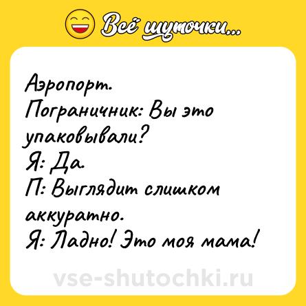 Шутка: Аэропорт.<br>Пограничник: Вы это упаковывали?<br>Я: Да.<br>П: Выглядит слишком аккуратно.<br>Я: Ладно! Это моя мама!