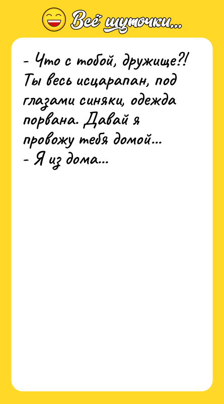 Шутка: - Что с тобой, дружище?! Ты весь исцарапан, под глазами синяки, одежда порвана. Давай я провожу тебя домой...- Я из дома...