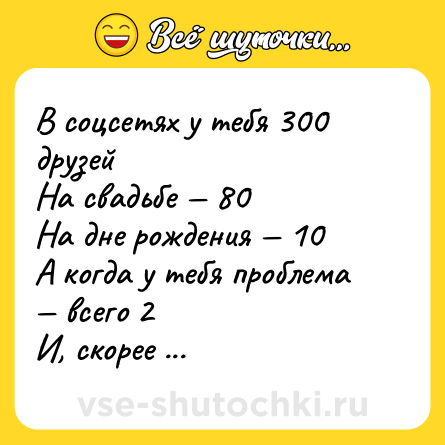 Шутка: В соцсетях у тебя 300 друзей <br>На свадьбе — 80 <br>На дне рождения — 10 <br>А когда у тебя проблема — всего 2 <br>И, скорее всего, это твои родители!
