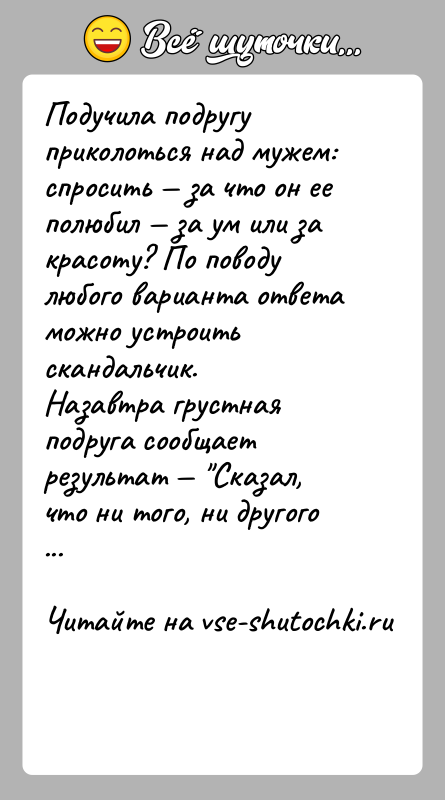История: Подучила подругу приколоться над мужем: спросить за что он ее полюбил за ум или за красоту? По поводу