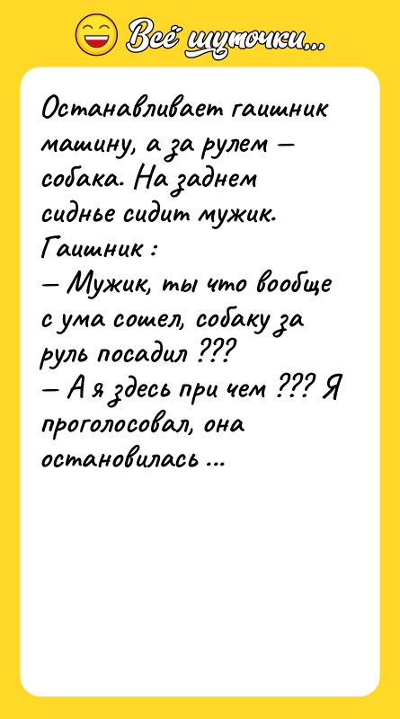 Останавливает гаишник машину, а за рулем собака. На заднем