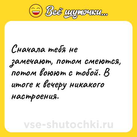 Шутка: Сначала тебя не замечают, потом смеются, потом воюют с тобой. В итоге к вечеру никакого настроения.