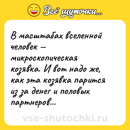 Шутка: В масштабах вселенной человек — микроскопическая козявка. И вот надо же, как эта козявка парится из за денег и половых партнеров...