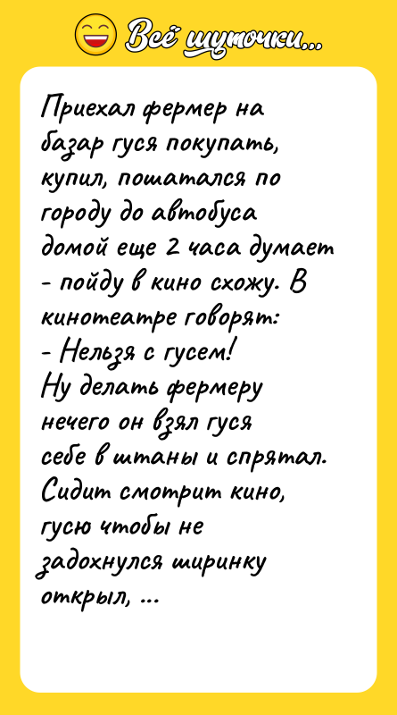 Приехал фермер на базар гуся покупать, купил, пошатался по городу