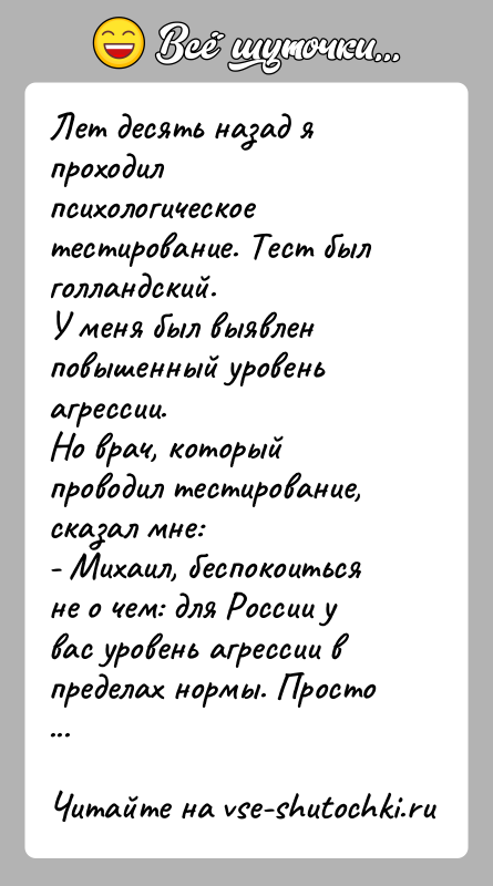 История: Лет десять назад я проходил психологическое тестирование. Тест был голландский.У меня был выявлен повышенный уровень агрессии.Но врач, который проводил тестирование,