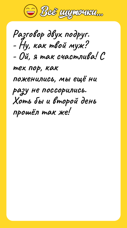 Разговор двух подруг.   - Ну, как твой муж?