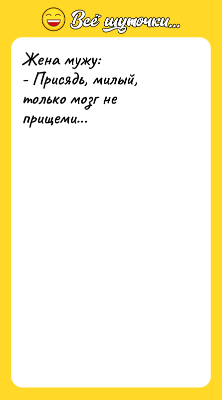 Жена мужу: - Присядь, милый, только мозг не прищеми...