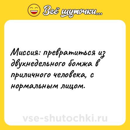 Шутка: Миссия: превратиться из двухнедельного бомжа в приличного человека, с нормальным лицом.